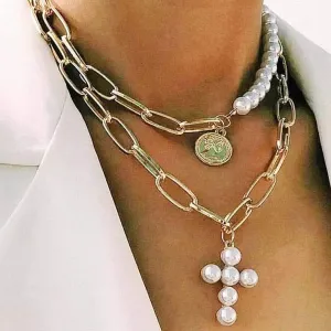 Boho Pearl Cross Necklace Gold Layered Choker Necklaces Coin Pendant Chain for Women