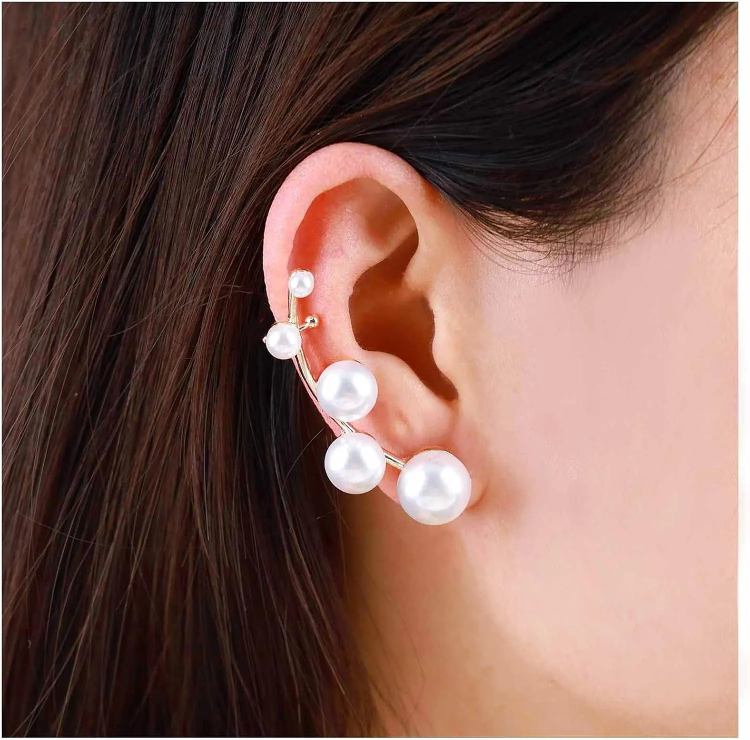 Boho Pearl Cuff Wrap Earrings Gold Pearl Ear Climber Earrings Long Pearl Crawler Cuff Earrings Cluster Pearl Cartilage Clip Earrings Jewelry for Women and Girls