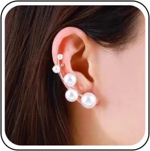 Boho Pearl Cuff Wrap Earrings Gold Pearl Ear Climber Earrings Long Pearl Crawler Cuff Earrings Cluster Pearl Cartilage Clip Earrings Jewelry for Women and Girls