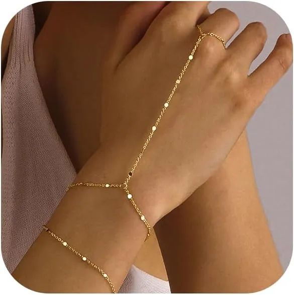 Bracelets for Women 14K Gold Silver Plated Ring Bracelet Hand Chain Dainty Evil Eye Heart Clover Daisy Cubic Zirconia Stackable Link Chain Hypoallergenic Body Jewelry Cute Trendy Gifts