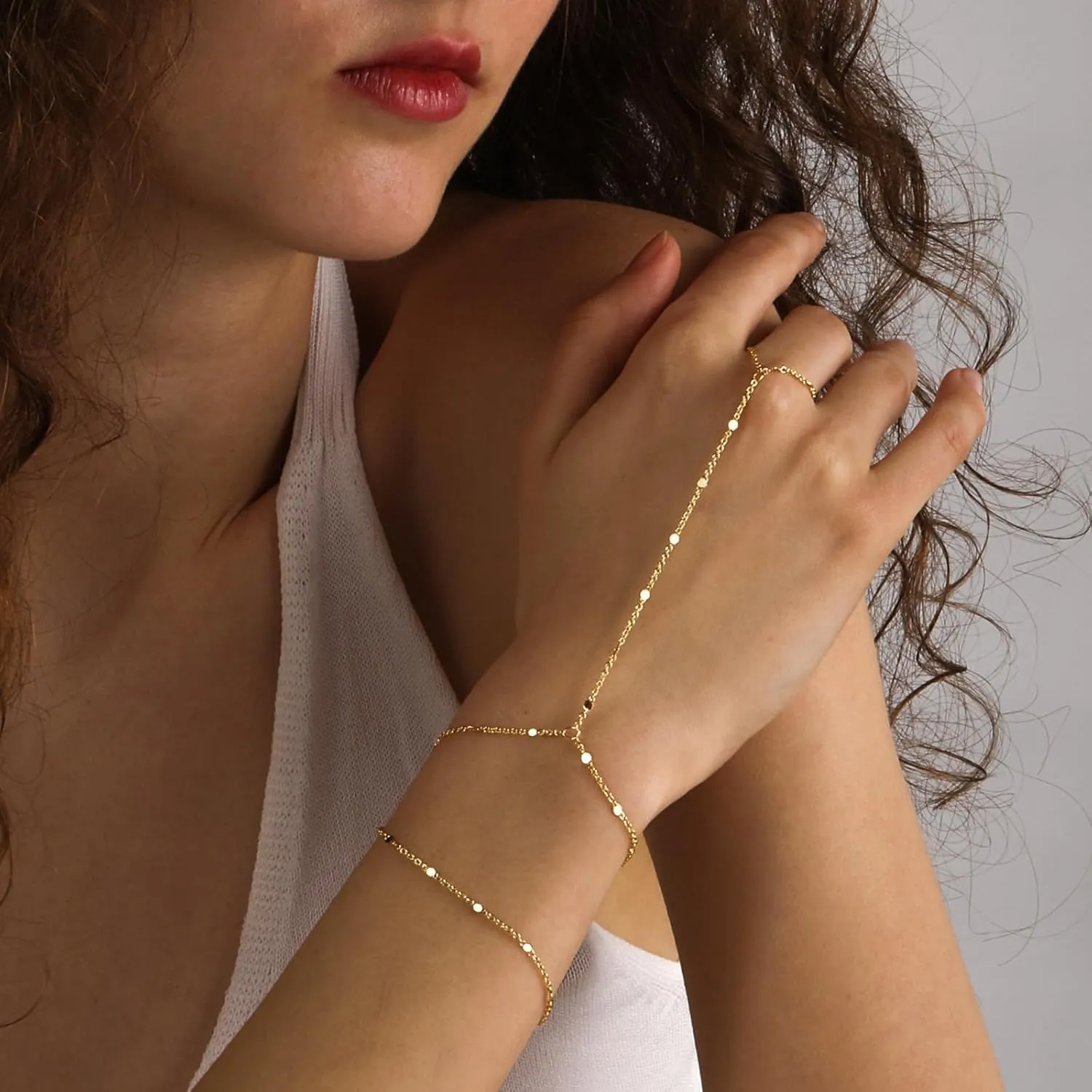 Bracelets for Women 14K Gold Silver Plated Ring Bracelet Hand Chain Dainty Evil Eye Heart Clover Daisy Cubic Zirconia Stackable Link Chain Hypoallergenic Body Jewelry Cute Trendy Gifts