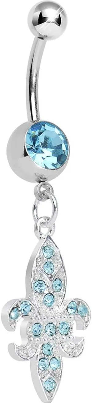 Brilliant Blue Paved Fleur de Lis Dangle Belly Ring