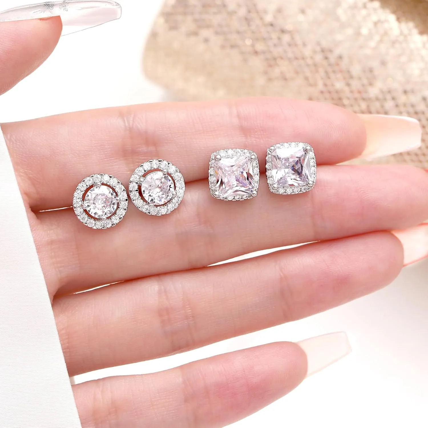 Brilliant Round Square Halo Stud Earrings for Women Men | 2 Pairs Cubic Zirconia Simulated Faux Diamond Halo Stud Earrings Set, Fake Diamond Cz Piercing Earrings Studs Sets