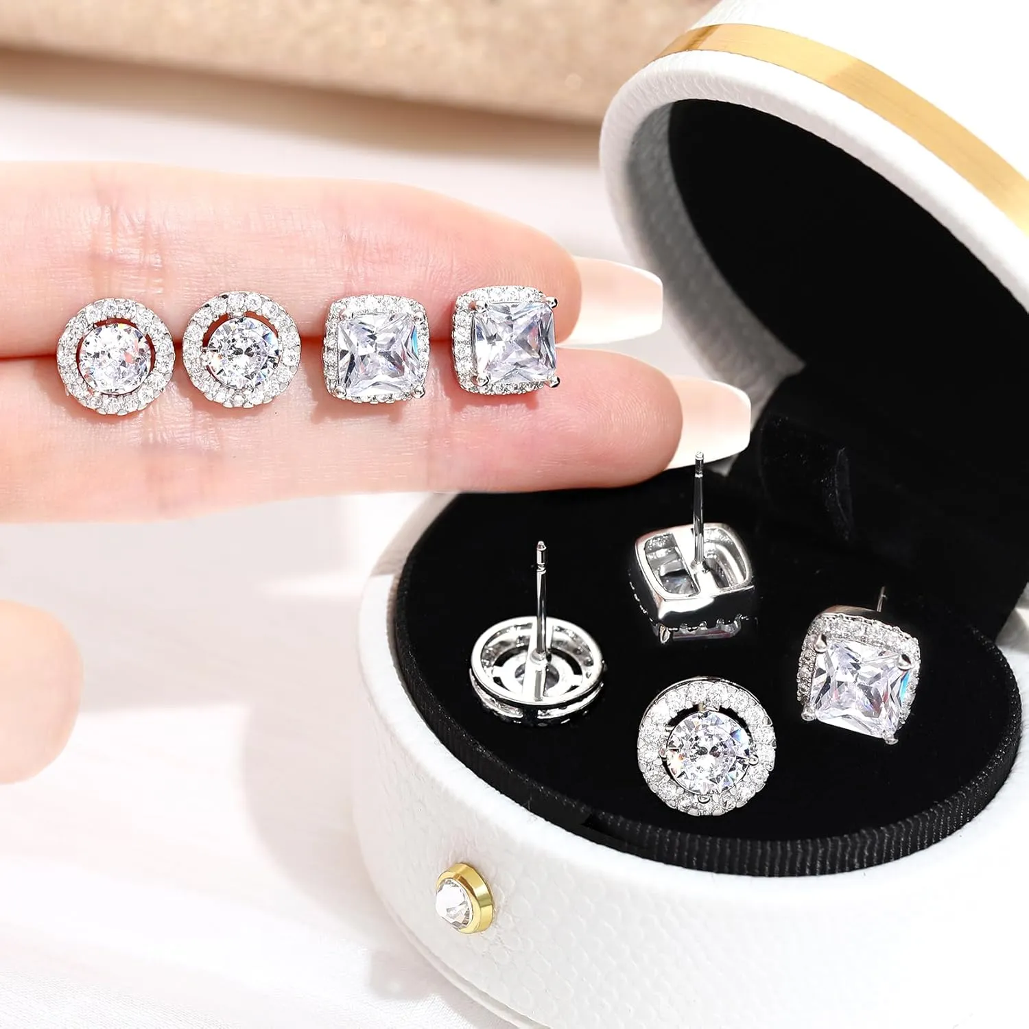 Brilliant Round Square Halo Stud Earrings for Women Men | 2 Pairs Cubic Zirconia Simulated Faux Diamond Halo Stud Earrings Set, Fake Diamond Cz Piercing Earrings Studs Sets