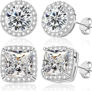 Brilliant Round Square Halo Stud Earrings for Women Men | 2 Pairs Cubic Zirconia Simulated Faux Diamond Halo Stud Earrings Set, Fake Diamond Cz Piercing Earrings Studs Sets