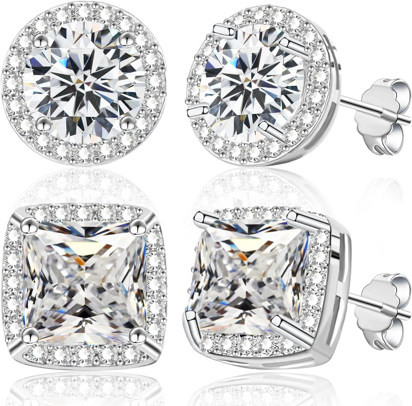 Brilliant Round Square Halo Stud Earrings for Women Men | 2 Pairs Cubic Zirconia Simulated Faux Diamond Halo Stud Earrings Set, Fake Diamond Cz Piercing Earrings Studs Sets