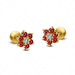 Brilliant Shape Red Garnet 14K Yellow Gold Plated Flower Cluster Stud Earrings