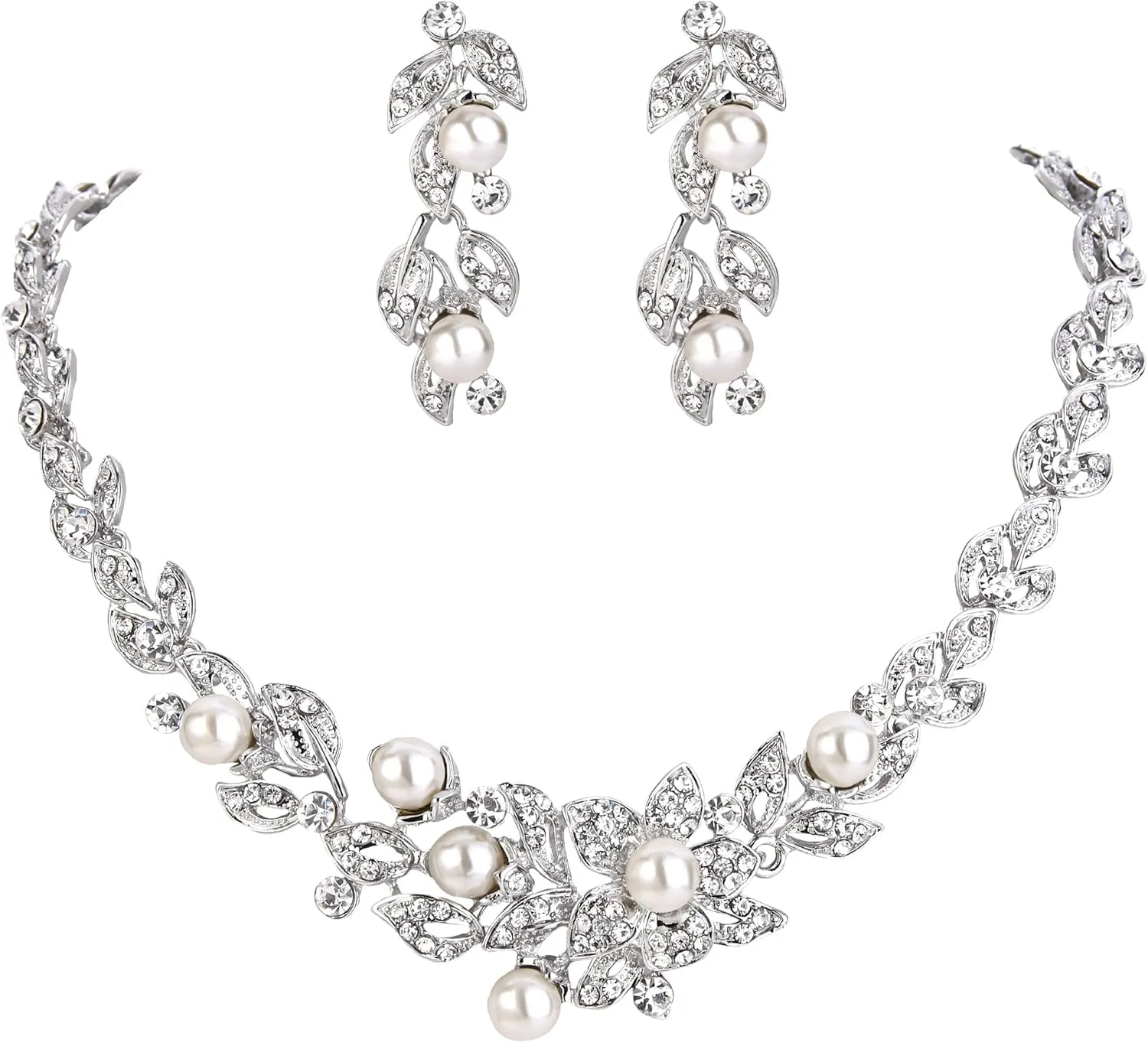 BriLove Wedding Bridal Cream Simulated Pearl Jewelry Set for Women Cluster Leaf Vine Hibiscus Flower Crystal Collar Dangle Clear Silver-Tone