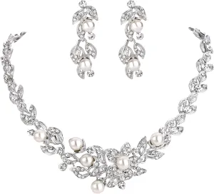 BriLove Wedding Bridal Cream Simulated Pearl Jewelry Set for Women Cluster Leaf Vine Hibiscus Flower Crystal Collar Dangle Clear Silver-Tone
