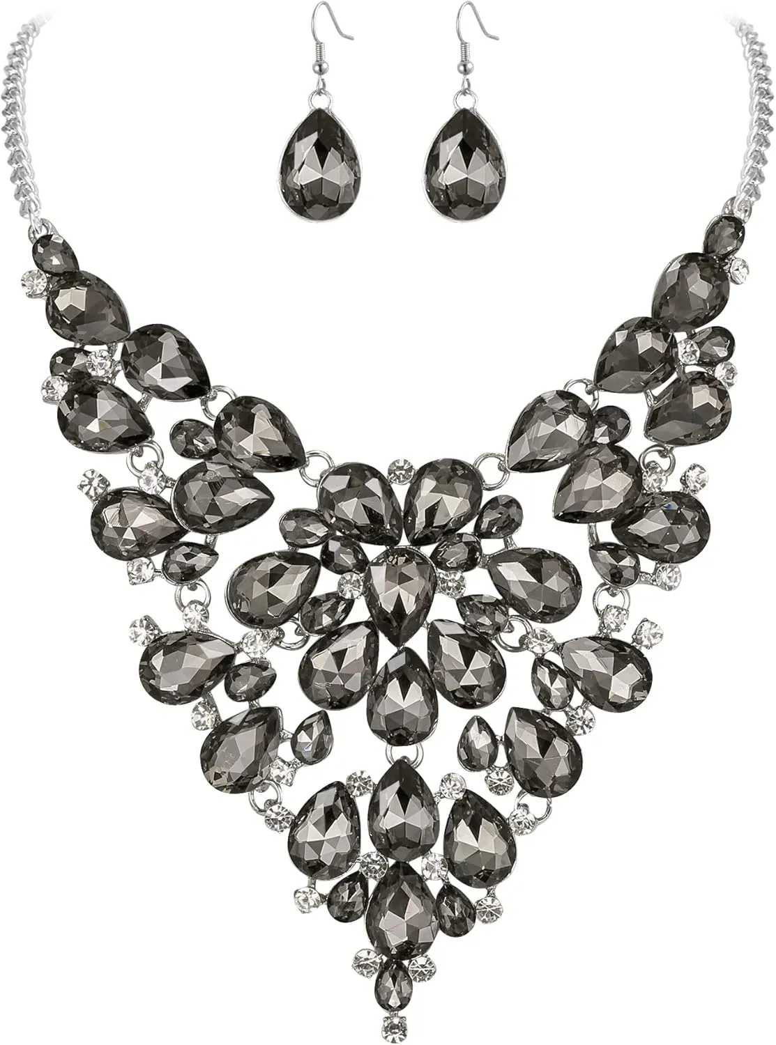 BriLove Wedding Bridal Crystal Rhinestones Layer Teardrop Cluster Statement Necklace Dangle Earrigns Set for Women