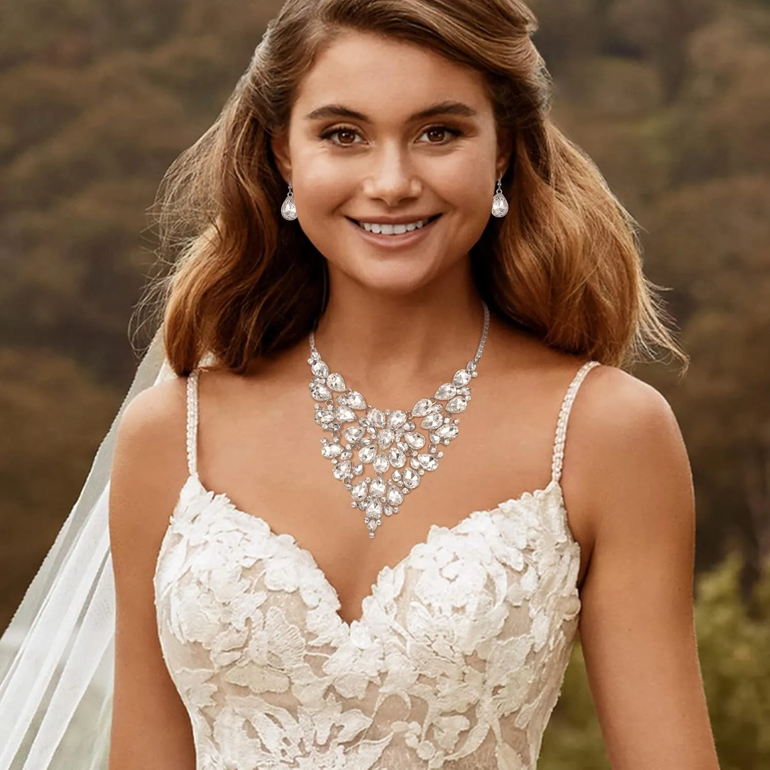 BriLove Wedding Bridal Crystal Rhinestones Layer Teardrop Cluster Statement Necklace Dangle Earrigns Set for Women
