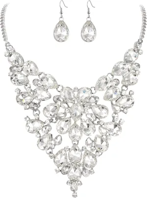 BriLove Wedding Bridal Crystal Rhinestones Layer Teardrop Cluster Statement Necklace Dangle Earrigns Set for Women