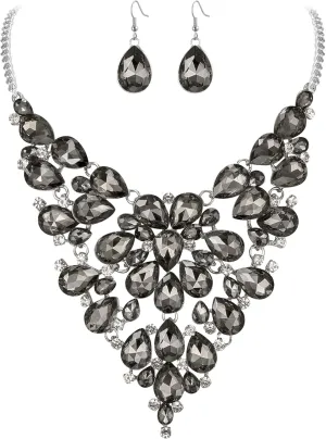 BriLove Wedding Bridal Crystal Rhinestones Layer Teardrop Cluster Statement Necklace Dangle Earrigns Set for Women