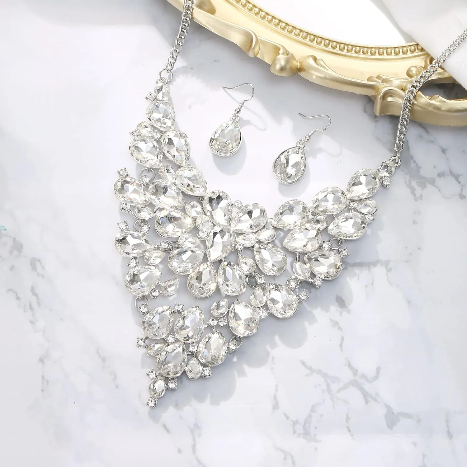 BriLove Wedding Bridal Crystal Rhinestones Layer Teardrop Cluster Statement Necklace Dangle Earrigns Set for Women