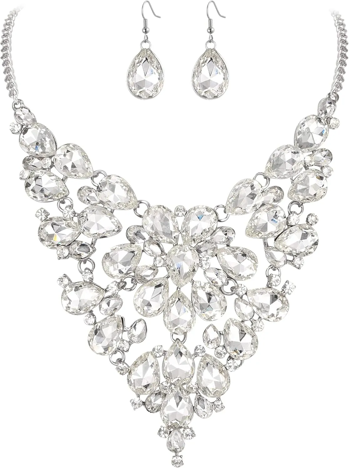 BriLove Wedding Bridal Crystal Rhinestones Layer Teardrop Cluster Statement Necklace Dangle Earrigns Set for Women