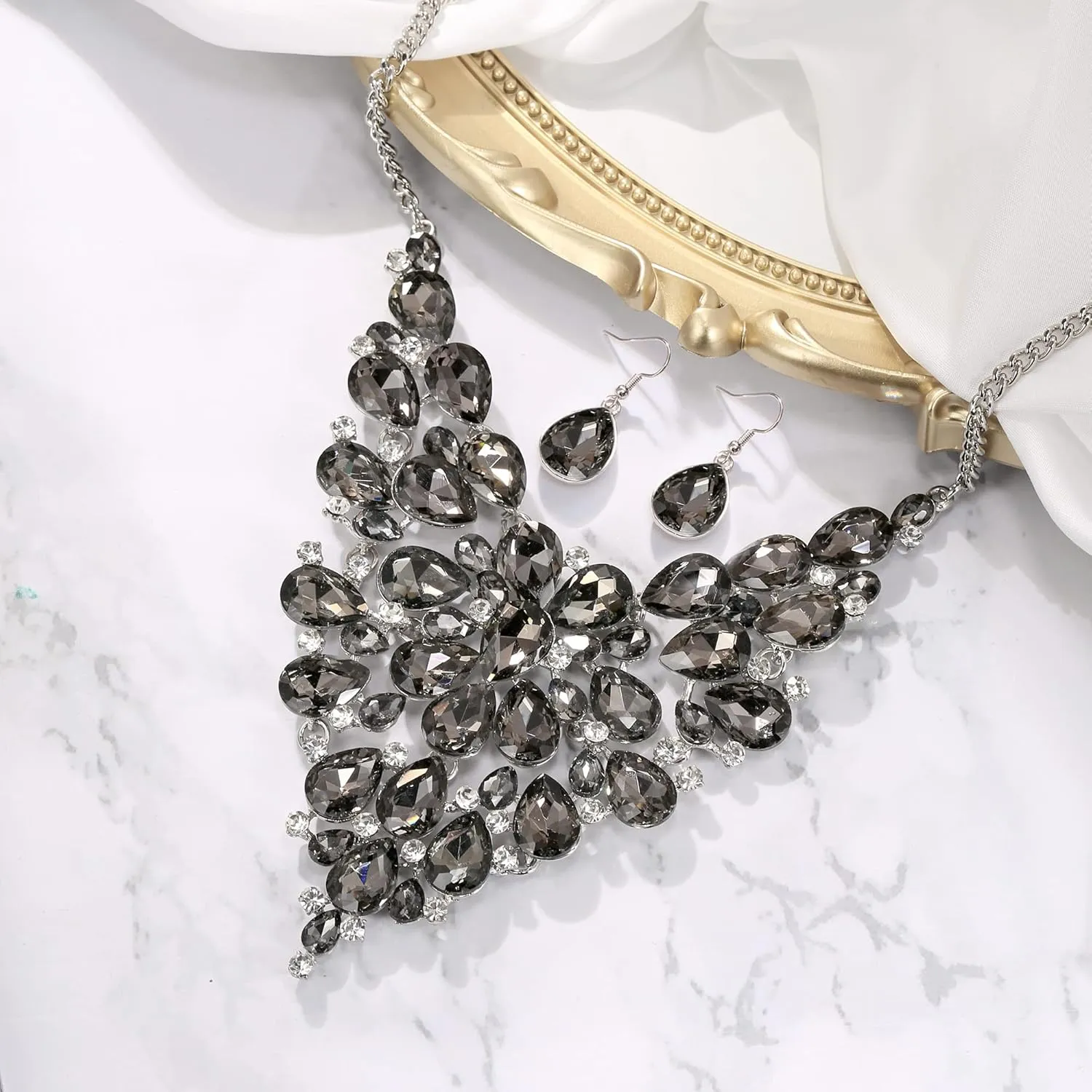 BriLove Wedding Bridal Crystal Rhinestones Layer Teardrop Cluster Statement Necklace Dangle Earrigns Set for Women