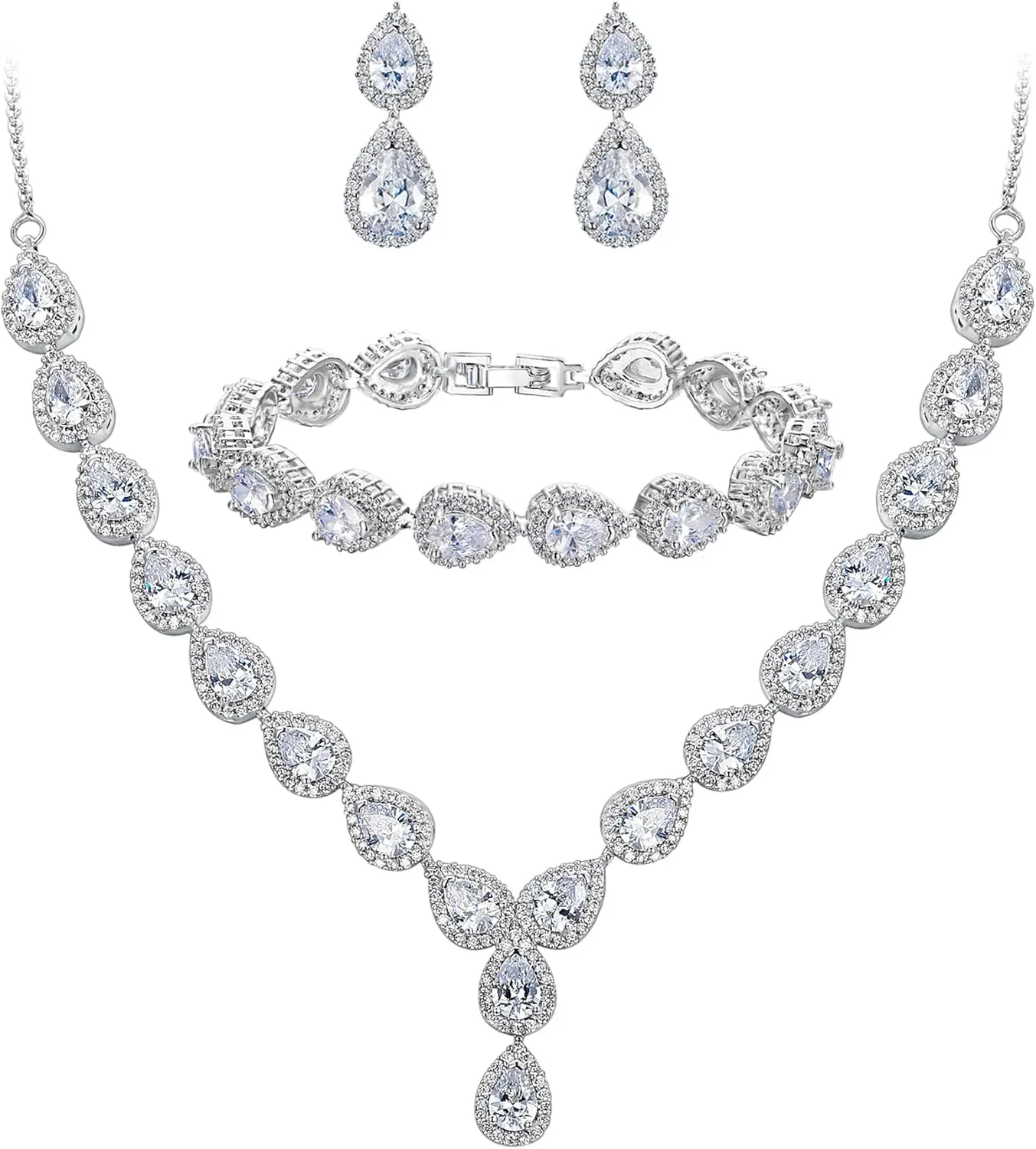 BriLove Wedding Bridal CZ Necklace Bracelet Earrings Jewelry Set for Women Teardrop Infinity Figure 8 Y-Necklace Tennis Dangle Party Prom Accessories