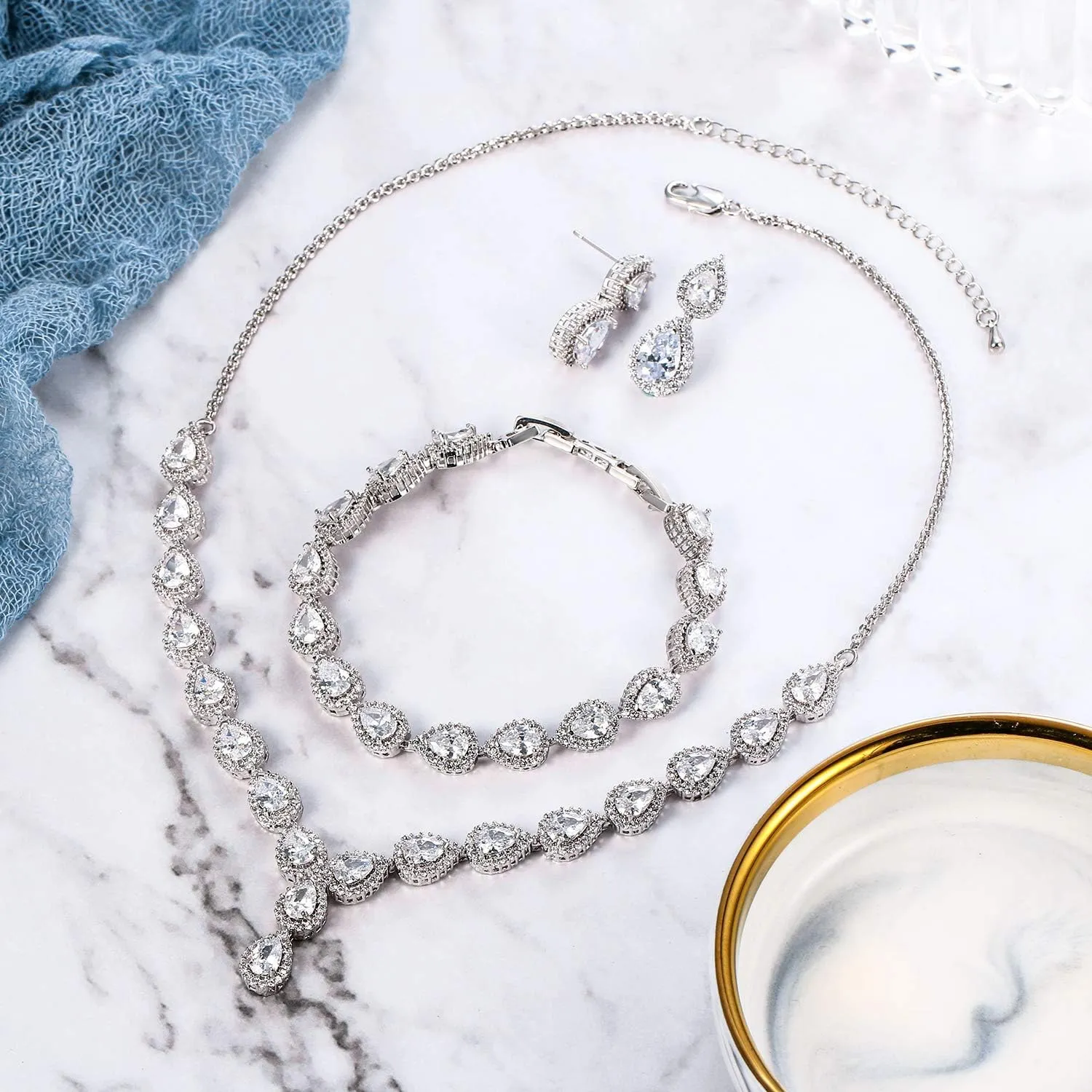 BriLove Wedding Bridal CZ Necklace Bracelet Earrings Jewelry Set for Women Teardrop Infinity Figure 8 Y-Necklace Tennis Dangle Party Prom Accessories