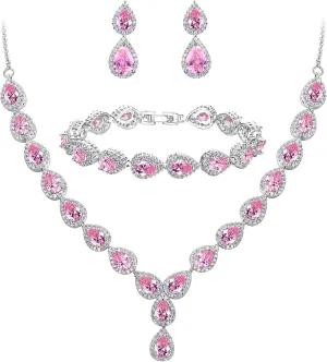 BriLove Wedding Bridal CZ Necklace Bracelet Earrings Jewelry Set for Women Teardrop Infinity Figure 8 Y-Necklace Tennis Dangle Party Prom Accessories