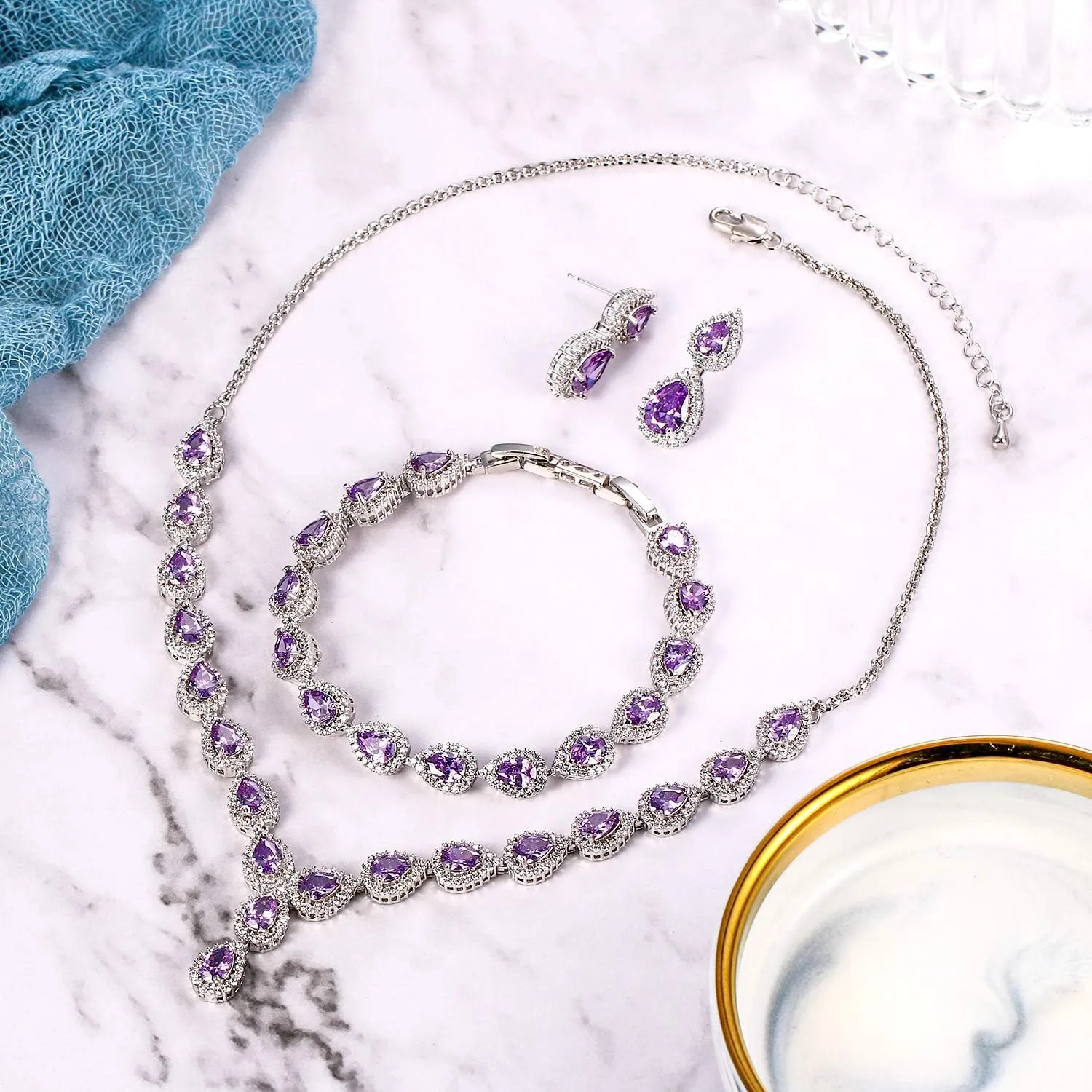 BriLove Wedding Bridal CZ Necklace Bracelet Earrings Jewelry Set for Women Teardrop Infinity Figure 8 Y-Necklace Tennis Dangle Party Prom Accessories
