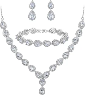 BriLove Wedding Bridal CZ Necklace Bracelet Earrings Jewelry Set for Women Teardrop Infinity Figure 8 Y-Necklace Tennis Dangle Party Prom Accessories