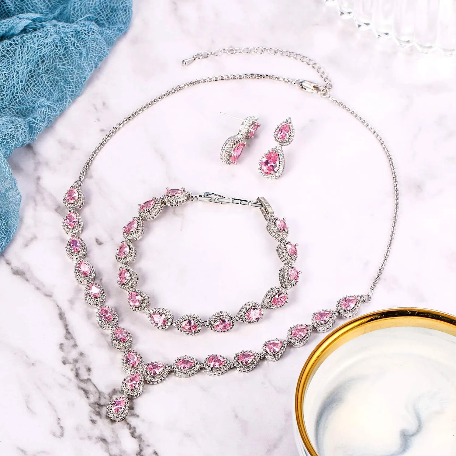 BriLove Wedding Bridal CZ Necklace Bracelet Earrings Jewelry Set for Women Teardrop Infinity Figure 8 Y-Necklace Tennis Dangle Party Prom Accessories
