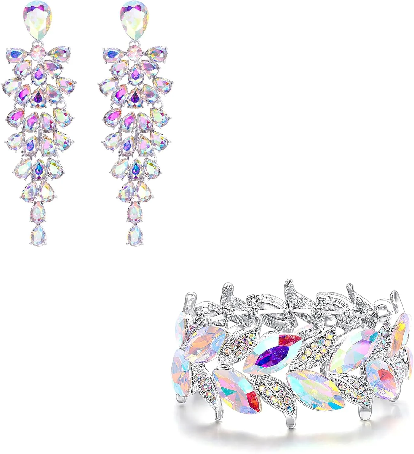BriLove Wedding Bridal Dangle Earrings Stretch Bracelet Jewelry Set for Women,Shiny Crystal Multi-Layer Teardrop Cluster Bling Jewellery for Bride Bridesmaid