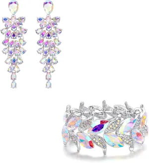 BriLove Wedding Bridal Dangle Earrings Stretch Bracelet Jewelry Set for Women,Shiny Crystal Multi-Layer Teardrop Cluster Bling Jewellery for Bride Bridesmaid