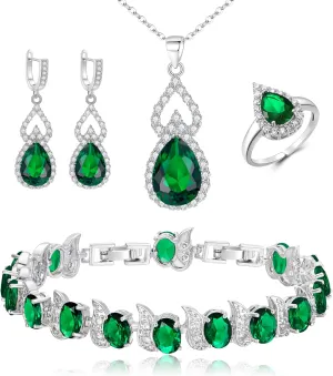 BriLove Wedding Jewelry Set for Women Bride Bridesmaid, Gorgeous Cubic Zirconia Teardrop Necklace Earrings Bracelet Adjustable Ring Jewelry Gift for Birthday/Anniversary/Mothers Day