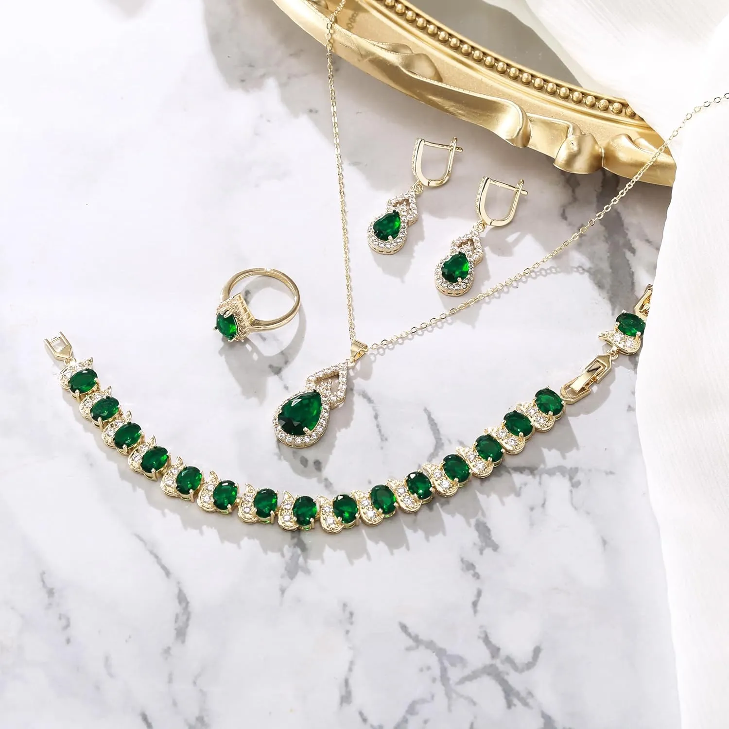 BriLove Wedding Jewelry Set for Women Bride Bridesmaid, Gorgeous Cubic Zirconia Teardrop Necklace Earrings Bracelet Adjustable Ring Jewelry Gift for Birthday/Anniversary/Mothers Day