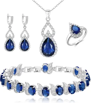 BriLove Wedding Jewelry Set for Women Bride Bridesmaid, Gorgeous Cubic Zirconia Teardrop Necklace Earrings Bracelet Adjustable Ring Jewelry Gift for Birthday/Anniversary/Mothers Day