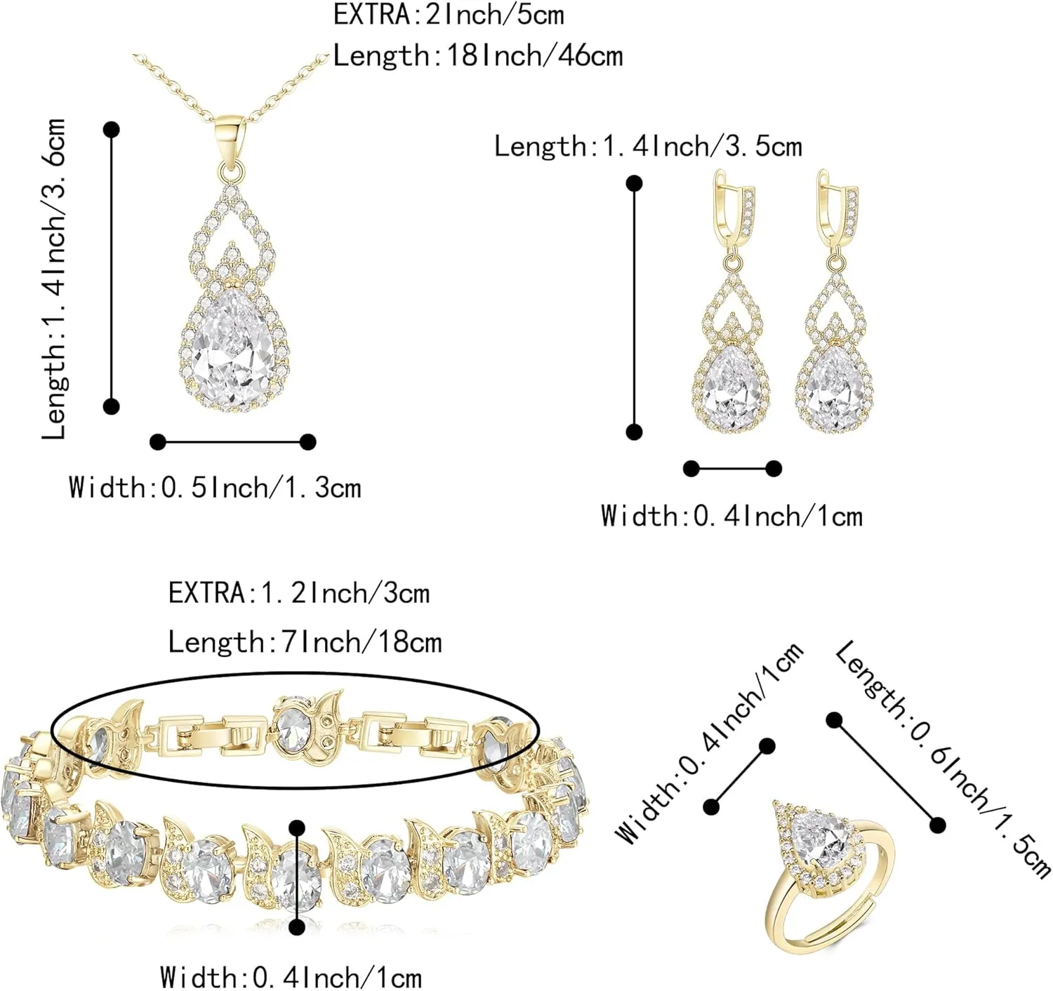 BriLove Wedding Jewelry Set for Women Bride Bridesmaid, Gorgeous Cubic Zirconia Teardrop Necklace Earrings Bracelet Adjustable Ring Jewelry Gift for Birthday/Anniversary/Mothers Day