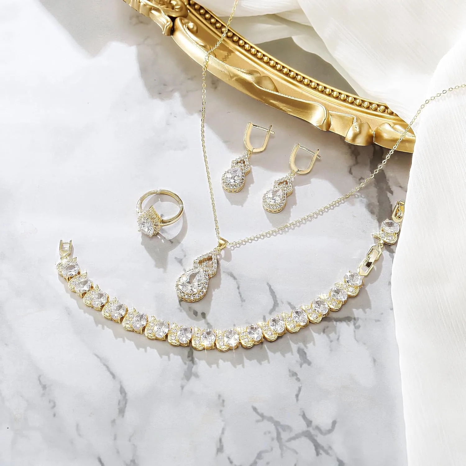 BriLove Wedding Jewelry Set for Women Bride Bridesmaid, Gorgeous Cubic Zirconia Teardrop Necklace Earrings Bracelet Adjustable Ring Jewelry Gift for Birthday/Anniversary/Mothers Day