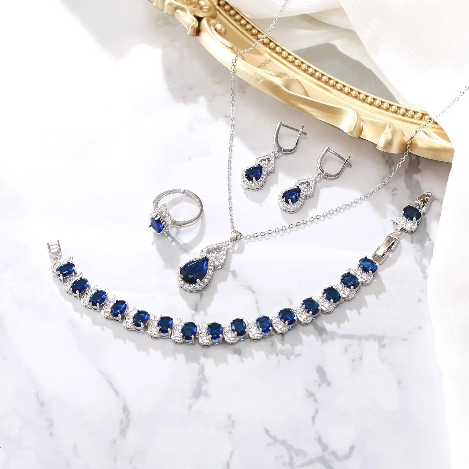 BriLove Wedding Jewelry Set for Women Bride Bridesmaid, Gorgeous Cubic Zirconia Teardrop Necklace Earrings Bracelet Adjustable Ring Jewelry Gift for Birthday/Anniversary/Mothers Day