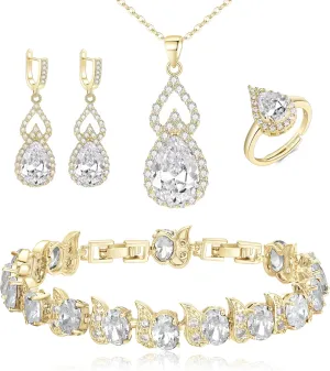 BriLove Wedding Jewelry Set for Women Bride Bridesmaid, Gorgeous Cubic Zirconia Teardrop Necklace Earrings Bracelet Adjustable Ring Jewelry Gift for Birthday/Anniversary/Mothers Day