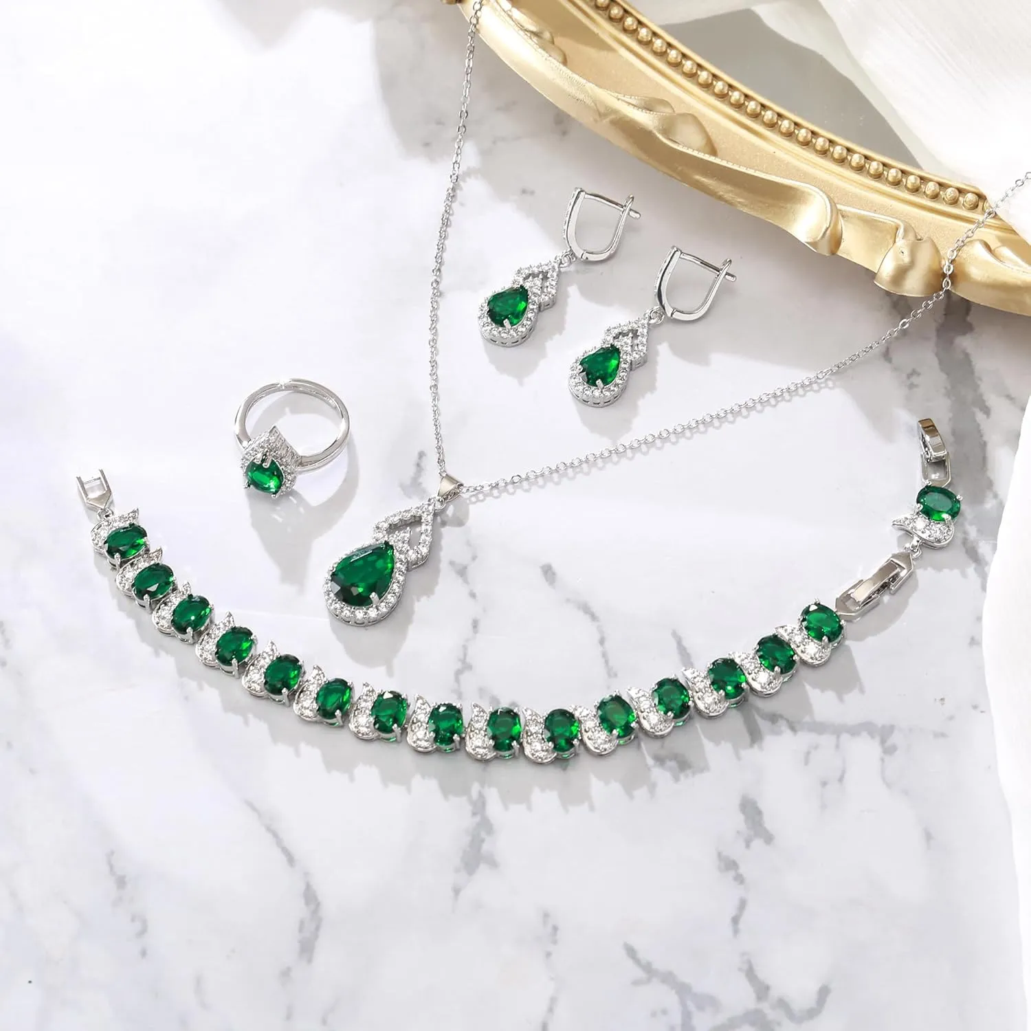 BriLove Wedding Jewelry Set for Women Bride Bridesmaid, Gorgeous Cubic Zirconia Teardrop Necklace Earrings Bracelet Adjustable Ring Jewelry Gift for Birthday/Anniversary/Mothers Day