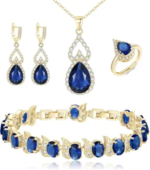 BriLove Wedding Jewelry Set for Women Bride Bridesmaid, Gorgeous Cubic Zirconia Teardrop Necklace Earrings Bracelet Adjustable Ring Jewelry Gift for Birthday/Anniversary/Mothers Day