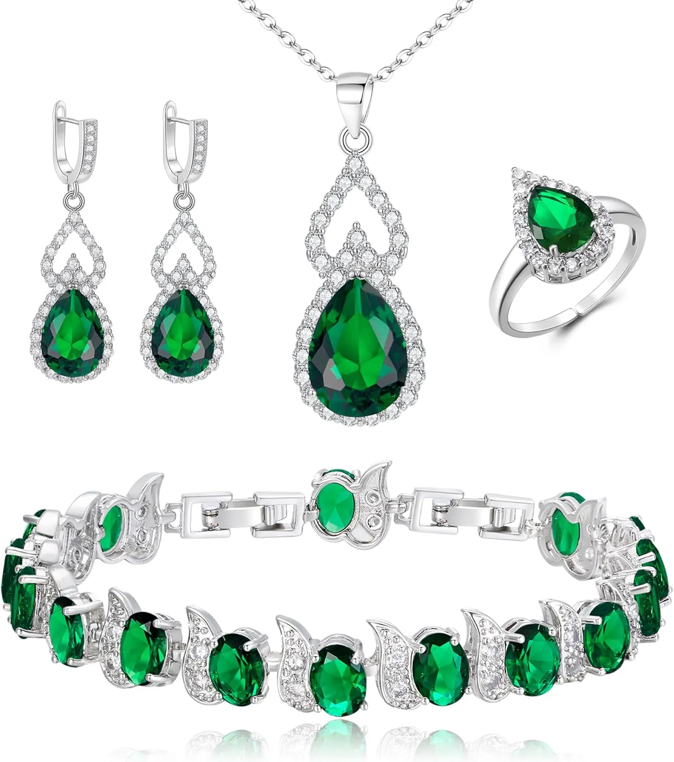 BriLove Wedding Jewelry Set for Women Bride Bridesmaid, Gorgeous Cubic Zirconia Teardrop Necklace Earrings Bracelet Adjustable Ring Jewelry Gift for Birthday/Anniversary/Mothers Day