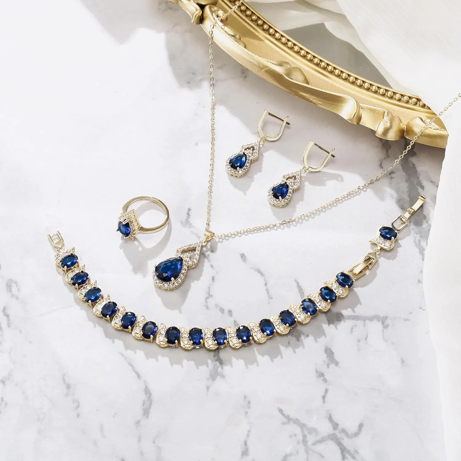 BriLove Wedding Jewelry Set for Women Bride Bridesmaid, Gorgeous Cubic Zirconia Teardrop Necklace Earrings Bracelet Adjustable Ring Jewelry Gift for Birthday/Anniversary/Mothers Day
