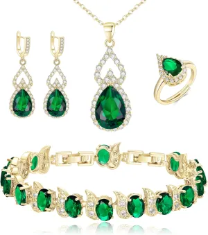 BriLove Wedding Jewelry Set for Women Bride Bridesmaid, Gorgeous Cubic Zirconia Teardrop Necklace Earrings Bracelet Adjustable Ring Jewelry Gift for Birthday/Anniversary/Mothers Day