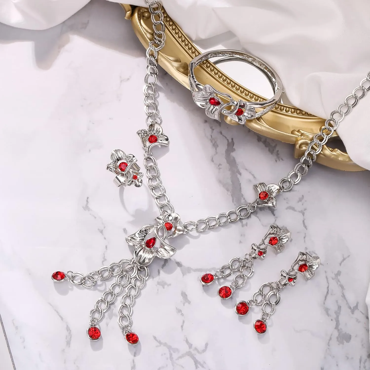 BriLove Women's Jewelry Set Austrian Crystal Flower Statement Necklace Dangle Earrings Cuff Bracelet Adjustable Ring for Party Prom