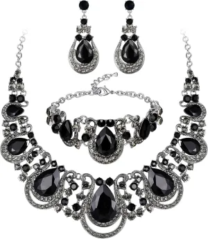 BriLove Women's Teardrop Crystal Statement Necklace Cluster Hollow Dangle Earrings Chain Bracelet Bib Jewellery Set for Wedding Bride Bridesmaid