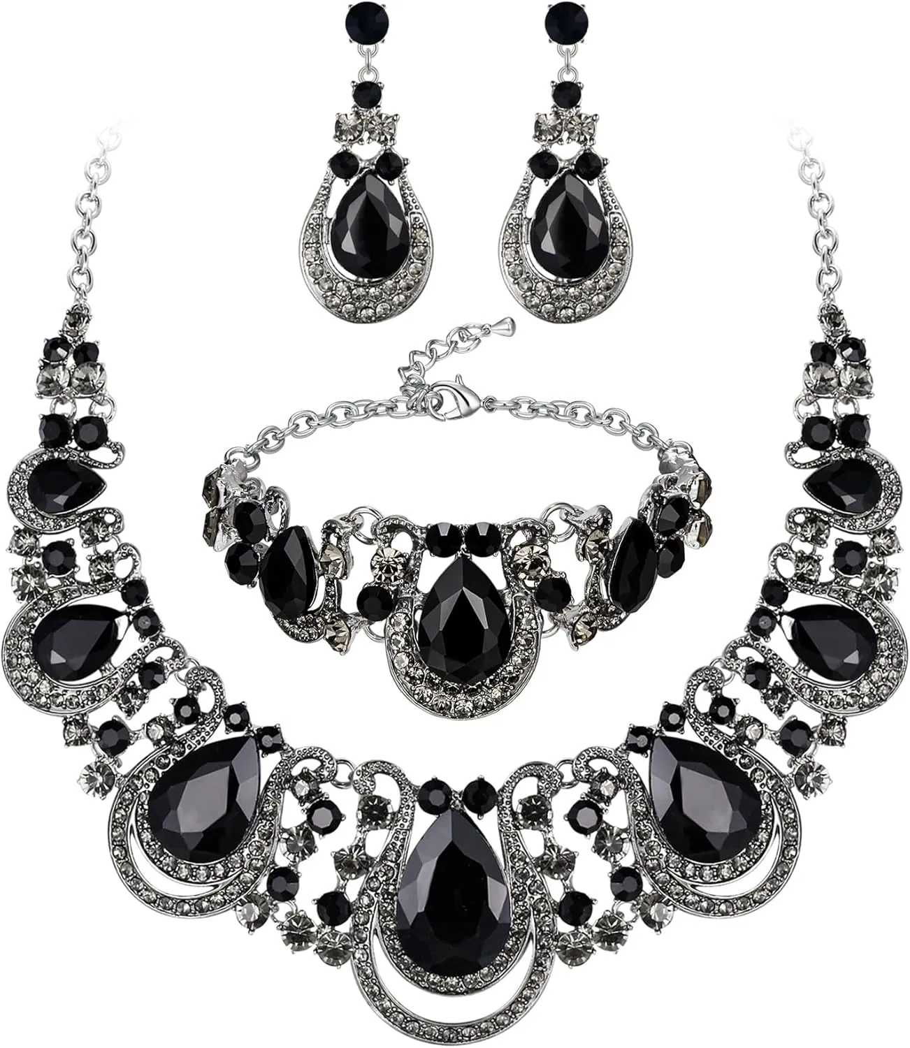 BriLove Women's Teardrop Crystal Statement Necklace Cluster Hollow Dangle Earrings Chain Bracelet Bib Jewellery Set for Wedding Bride Bridesmaid