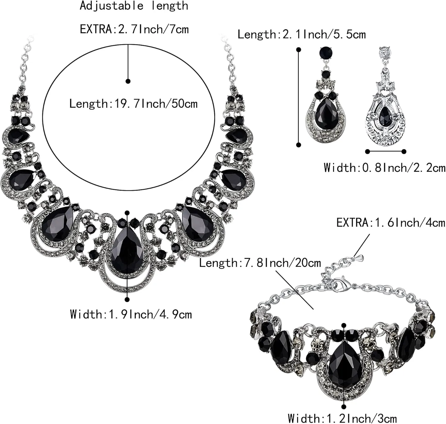 BriLove Women's Teardrop Crystal Statement Necklace Cluster Hollow Dangle Earrings Chain Bracelet Bib Jewellery Set for Wedding Bride Bridesmaid