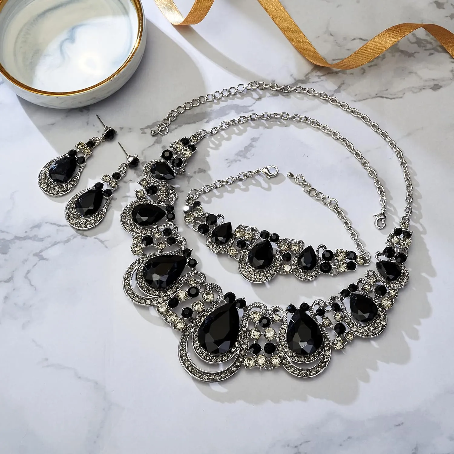 BriLove Women's Teardrop Crystal Statement Necklace Cluster Hollow Dangle Earrings Chain Bracelet Bib Jewellery Set for Wedding Bride Bridesmaid