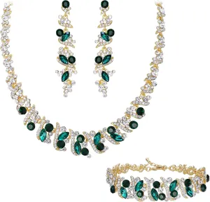 BriLove Women's Wedding Cluster Leaf Crystal Jewelry Set Collar Bib Necklace Sparkle Bracelet Leaves Dangle Earrings for Bride Bridesmaid