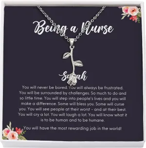Bubble Hugs Personalized Nurse Necklace Silver Plated Rose - Being a Nurse - Custom Name Appreciate for Nursing RN CRNA Thank You