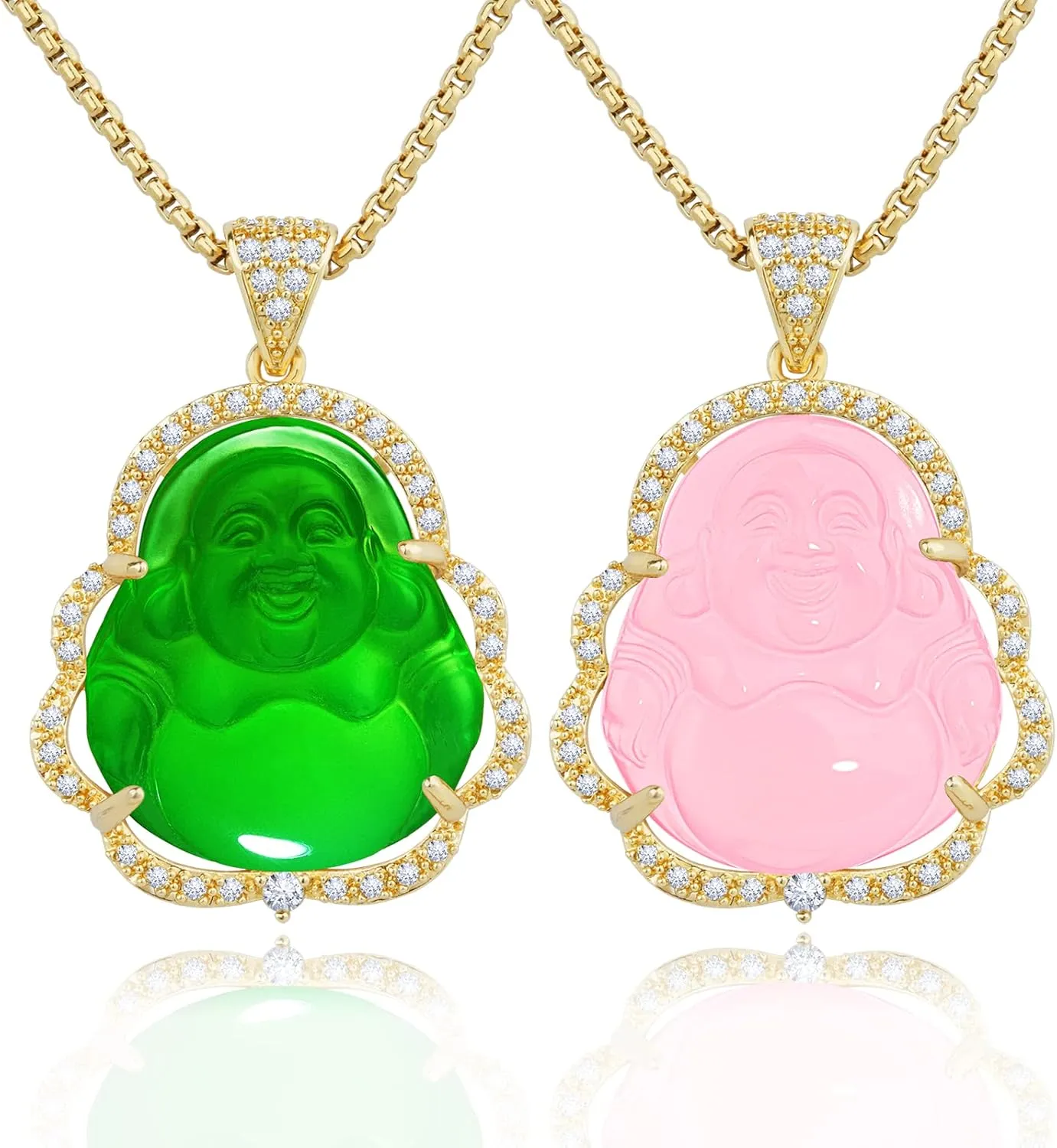 Buddha Necklace Jade Laughing Buddha Pendant with 14K Gold Plated Chain Cubic Zirconia Buddah Necklaces for Women Men