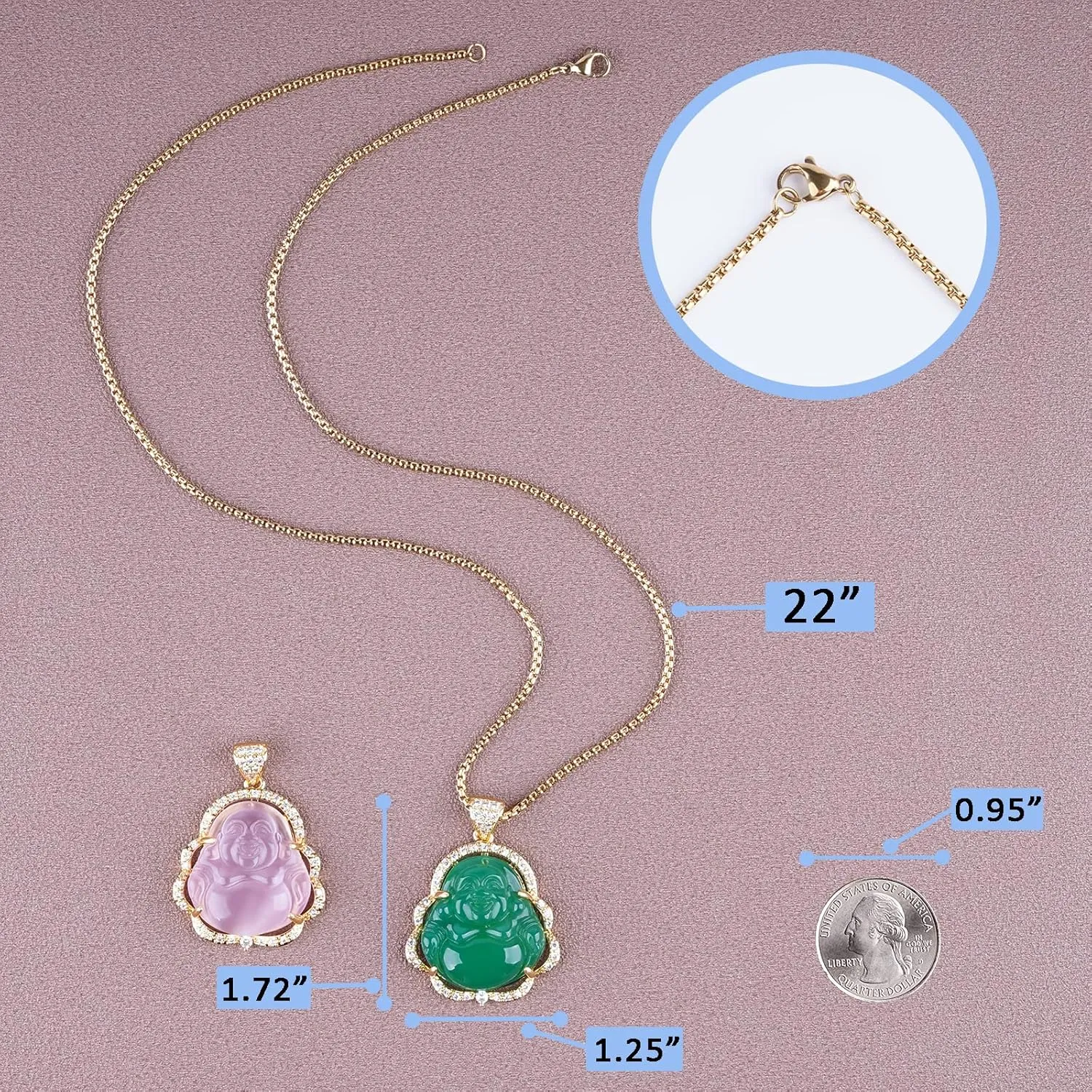 Buddha Necklace Jade Laughing Buddha Pendant with 14K Gold Plated Chain Cubic Zirconia Buddah Necklaces for Women Men