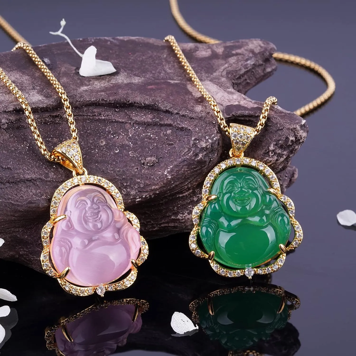 Buddha Necklace Jade Laughing Buddha Pendant with 14K Gold Plated Chain Cubic Zirconia Buddah Necklaces for Women Men